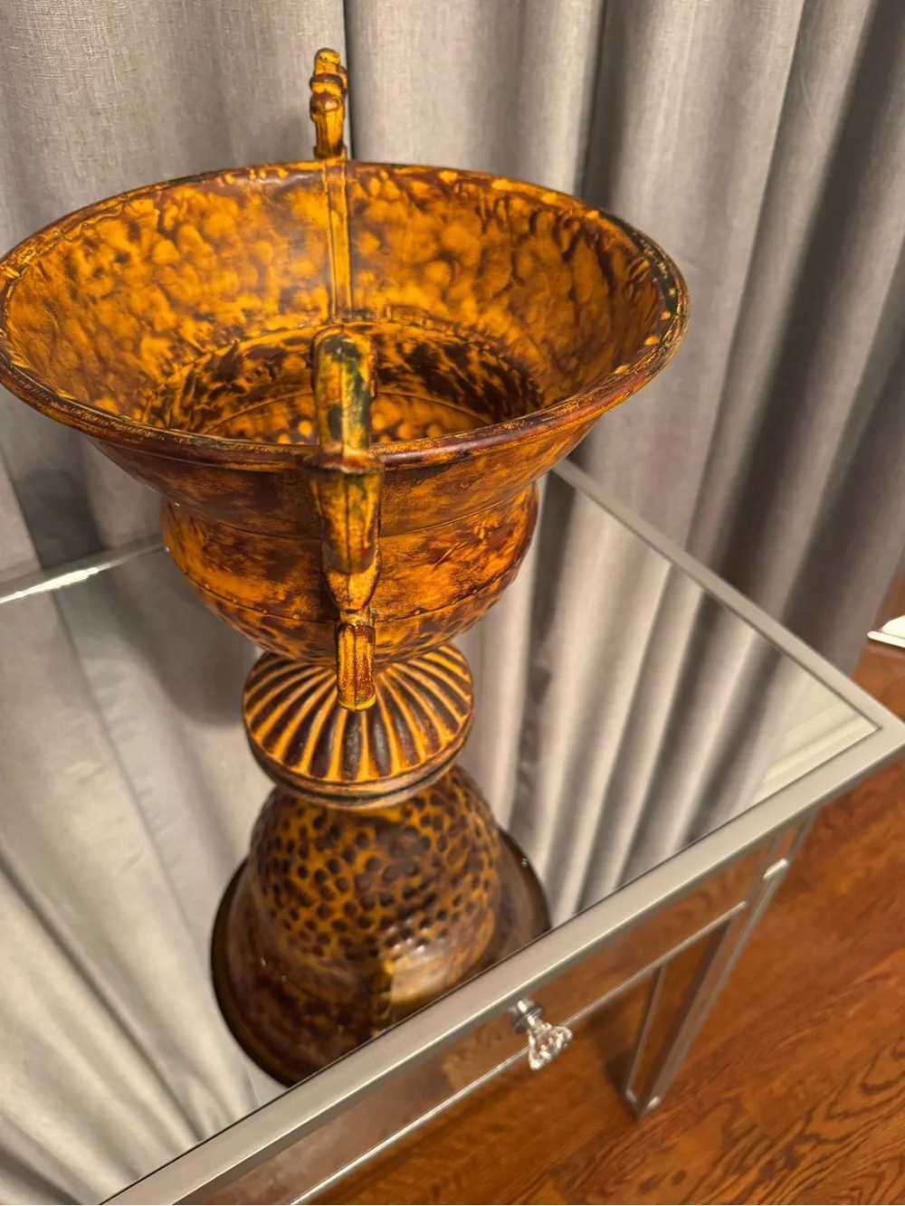 Decorative Amber Gold heavy metal Trophy Vase with Ornate Handles.